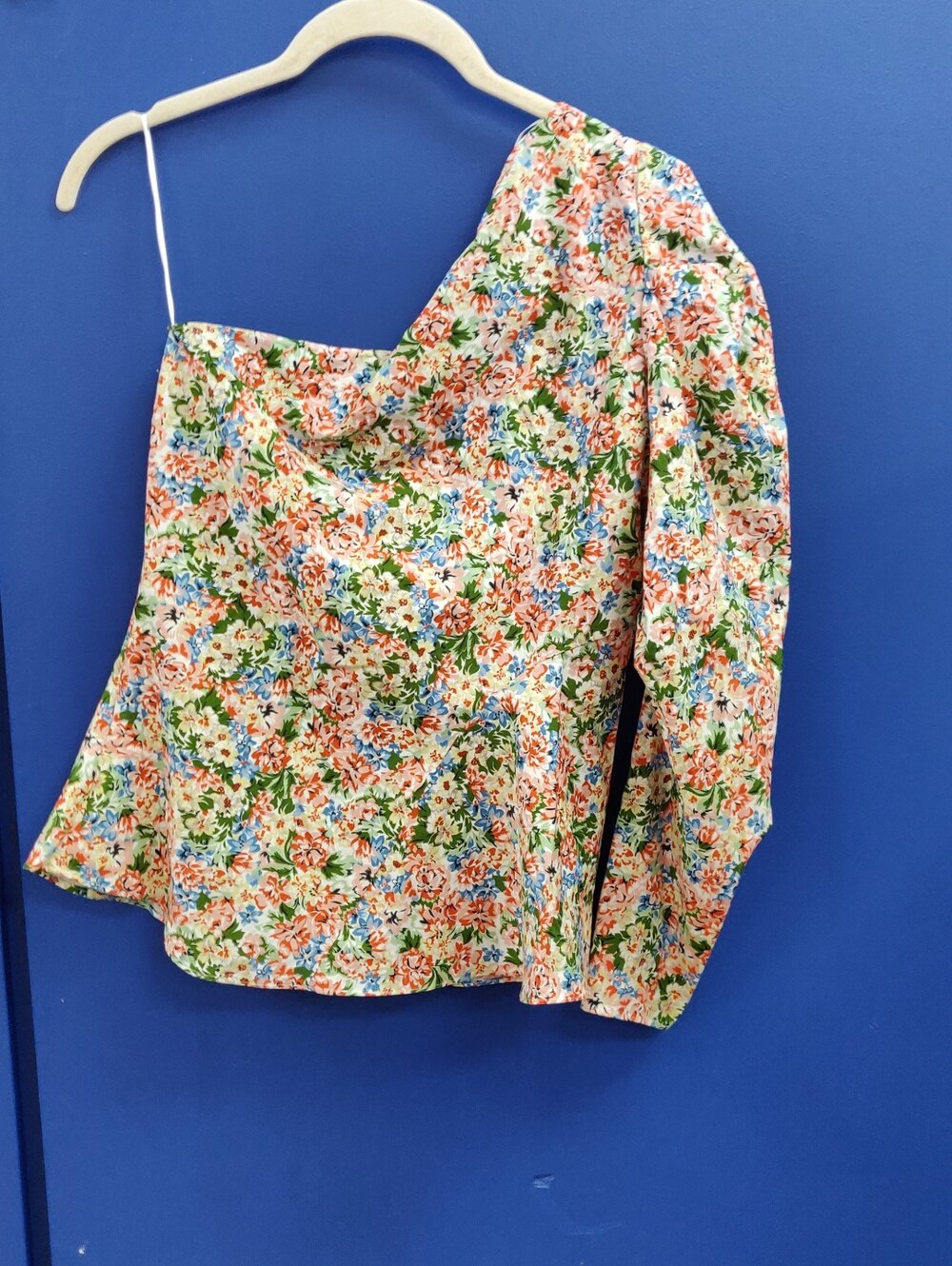 Zara Ditsy Floral Puff One-Shoulder Blouse in Green, Pink, Blue Floral EUC